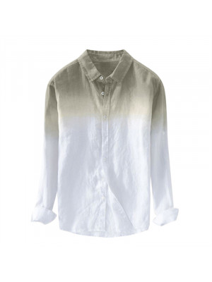 Mens Linen Style Long Sleeve Shirt Button-down Casual Gradient Tee Dress Tops 