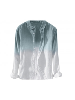 Mens Linen Style Long Sleeve Shirt Button-down Casual Gradient Tee Dress Tops 
