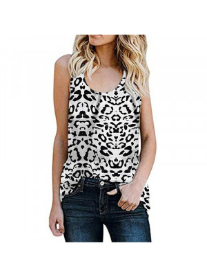 Women Leopard Flowers Print Vest Casual Tee Sleeveless Blouse Ladies Summer Top