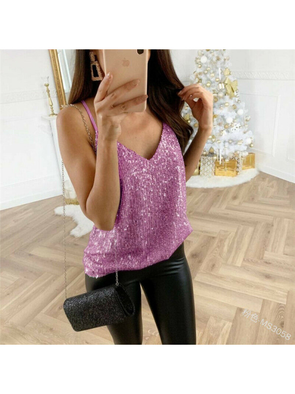 Women Sequin Bling Tank Tops Sexy Party Sleeveless Sling T-Shirt Vest Blouse Tee