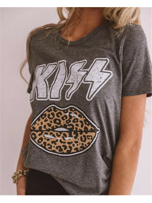 Women Leopard Kiss Lips T-shirt Cute Ladies Graphic Summer Casual Tee Shirt Top