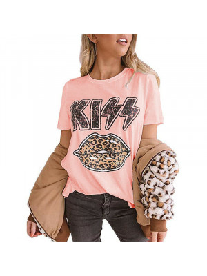 Women Leopard Kiss Lips T-shirt Cute Ladies Graphic Summer Casual Tee Shirt Top