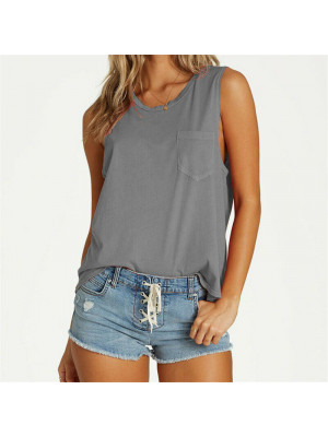 Women Summer Sleeveless Crop Top T-Shirt Ladies Vest Round Neck Pocket Plain Tee