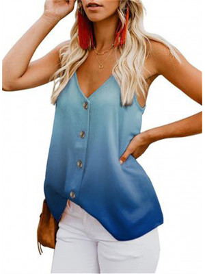 Womens Summer Gradient Vest Cami T Shirt Ladies Loose Button V-Neck Tops Blouse
