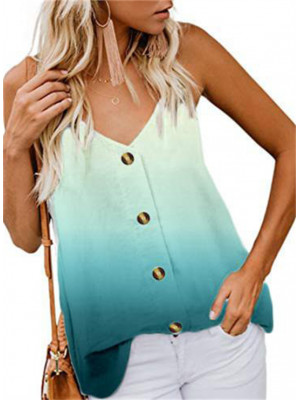 Womens Summer Gradient Vest Cami T Shirt Ladies Loose Button V-Neck Tops Blouse