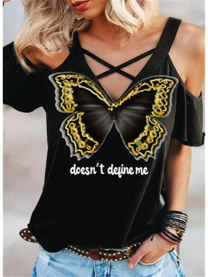 Women Summer Short Sleeve T Shirt Blouse Ladies 3D Butterfly Printed Casual Tops