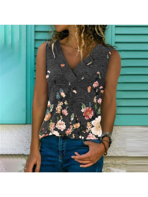 Women Lady Summer Sleeveless Vest Casual Blouses Flower V-Neck Tops T-Shirt