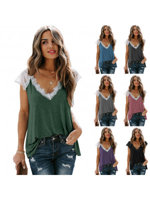 Women Lace Short Sleeve V Neck Blouse Ladies Casual Solid T Shirt Loose Tee Tops