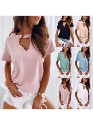 New Women Summer Solid Tops T Shirt Casual V Neck Loose Short Sleeve Blouse Tops 