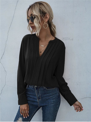 Womens Casual Long Sleeve Pullover Tops Ladies Pleated V Neck T Shirts Blouse