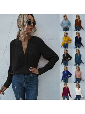 Womens Casual Long Sleeve Pullover Tops Ladies Pleated V Neck T Shirts Blouse
