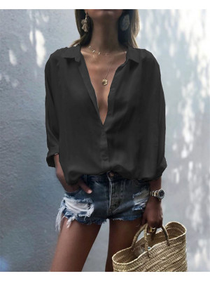 Womens Chiffon Tops Ladies Long Sleeve Buttons T Shirt Casual Blouse Tunic Tee