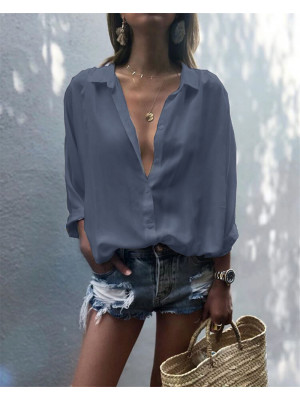Womens Chiffon Tops Ladies Long Sleeve Buttons T Shirt Casual Blouse Tunic Tee