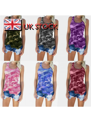Women Camouflage Vest Blouse Sport Sleeveless T-Shirt Gym Fitness Tank Tops UK