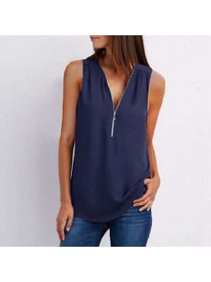 Women Summer Chiffon Vest Tops Sleeveless Blouse Zipper Tank T-Shirt Tee Shirt