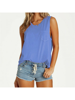 Women Summer Sleeveless Crop Top T-Shirt Ladies Vest Round Neck Pocket Plain Tee