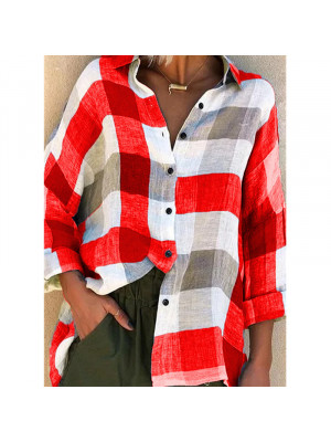 Cotton Linen Womens V Neck Plaid Print Tops Shirt Ladies Casual Blouse Plus Size