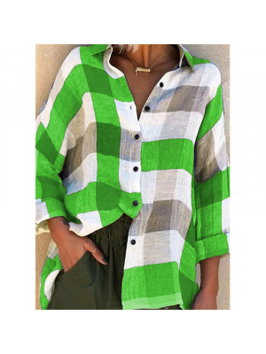 Cotton Linen Womens V Neck Plaid Print Tops Shirt Ladies Casual Blouse Plus Size