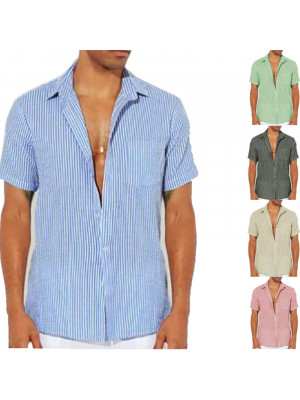 Men Short Sleeve Shirts Summer Stripe Loose Casual Dress Shirt Blouse Pocket Top