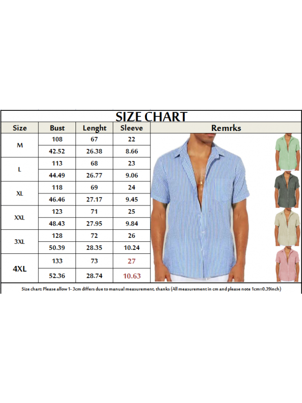 Men Short Sleeve Shirts Summer Stripe Loose Casual Dress Shirt Blouse Pocket Top