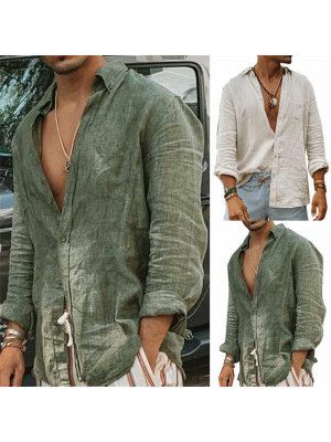 Men Casual Cotton Linen Shirt Long Sleeve Loose Blouse Button Breathable Top UK