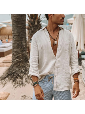 Men Casual Cotton Linen Shirt Long Sleeve Loose Blouse Button Breathable Top UK