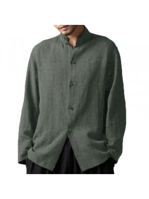 Men's Casual Cotton Linen Shirt Long Sleeve Loose Blouse Button Down Shirts Tops