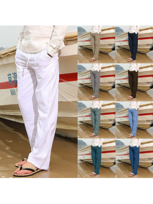 Men's Linen Straight Long Pants Joggers Elastic Waists Loose Pocket Trousers New