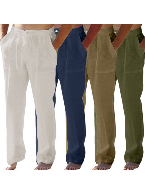 Men's Linen Straight Long Pants Joggers Elastic Waists Loose Pocket Trousers New