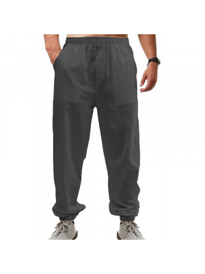 Men's Summer Beach Loose Linen Bind Feet Pants Yoga Elasticated Pocket Trousers