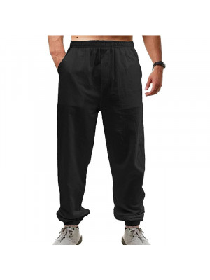 Men's Summer Beach Loose Linen Bind Feet Pants Yoga Elasticated Pocket Trousers