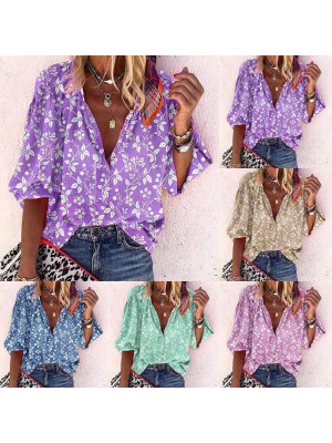 Ladies Floral Casual Baggy Tops Women Sexy Boho V Neck Blouse Shirt Baggy Tees