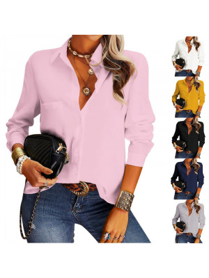 Ladies Solid Button V Neck Long Sleeve Tops Womens Pocket OL Blouse Shirt