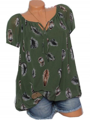 Ladies Baggy Short Sleeve T-shirt Tops Womens Summer V Neck Blouse Feather Print