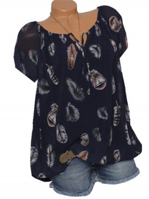 Ladies Baggy Short Sleeve T-shirt Tops Womens Summer V Neck Blouse Feather Print