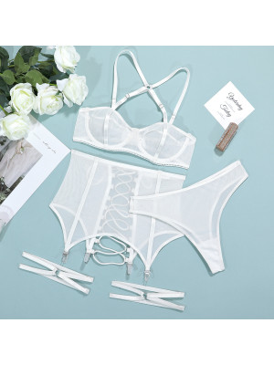 Sexy Women's Lace Bra Suspender Belt Body Stocking 3Pcs Set Underwear Lingerie