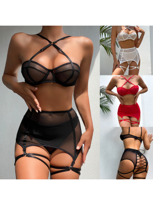 Sexy Women's Lace Bra Suspender Belt Body Stocking 3Pcs Set Underwear Lingerie