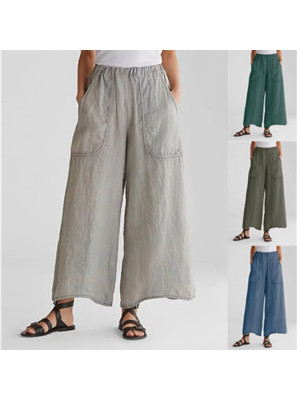 Ladies Cotton Linen Casual Long Pants Womens Solid Straight Trousers Plus Size