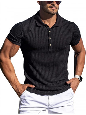 Mens Ribbed Muscle Stretch Slim Short Sleeve T-Shirt Summer Collar Casual Tops