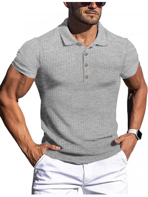 Mens Ribbed Muscle Stretch Slim Short Sleeve T-Shirt Summer Collar Casual Tops