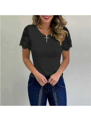 Plus Size Womens V-Neck Lace Tops T-Shirt Ladies Casual Solid Basic Tee Blouse