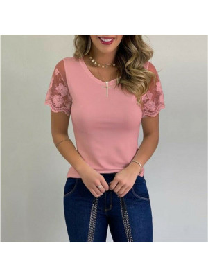 Plus Size Womens V-Neck Lace Tops T-Shirt Ladies Casual Solid Basic Tee Blouse