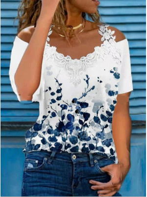 Plus Size Womens Short Sleeve T Shirt Tops Floral Print Lace Blouse Summer Tee