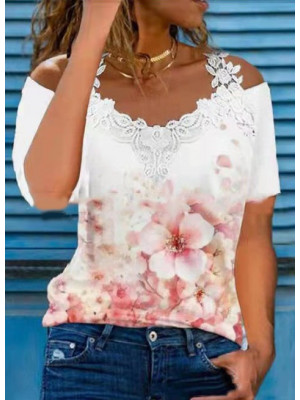 Plus Size Womens Short Sleeve T Shirt Tops Floral Print Lace Blouse Summer Tee