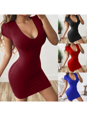 Womens Sexy Short Sleeve V Neck Slim Fit Summer Club Party Bodycon Mini Dress