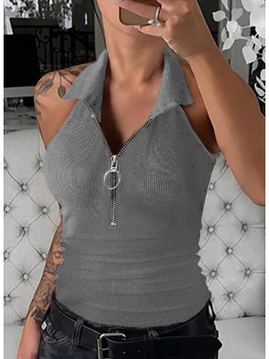 Womens T-Shirt Zipper V neck Plain Tops Summer Cami Vest Fitted Party Blouse