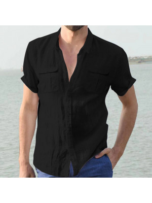 Men Solid Cotton Linen Button T Shirt Casual Summer Short Sleeve Tops Blouse Tee
