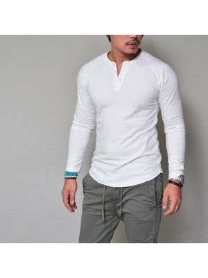 Mens Casual Long Sleeve T-shirt Button Tops Henley Grandad Collarless Muscle Tee
