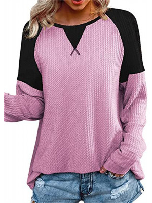 Women Waffle Long Sleeve V-Neck Loose Tops Casual Blouse T Shirt Cotton Shirt 