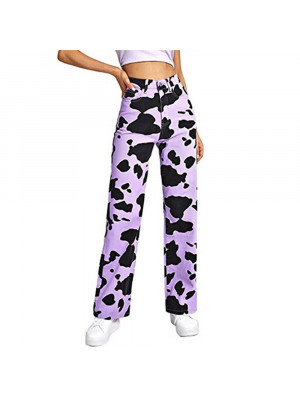 Women Cow Print Wide Leg Pants Fashion High Waist Bottoms Casual Loose Trousers